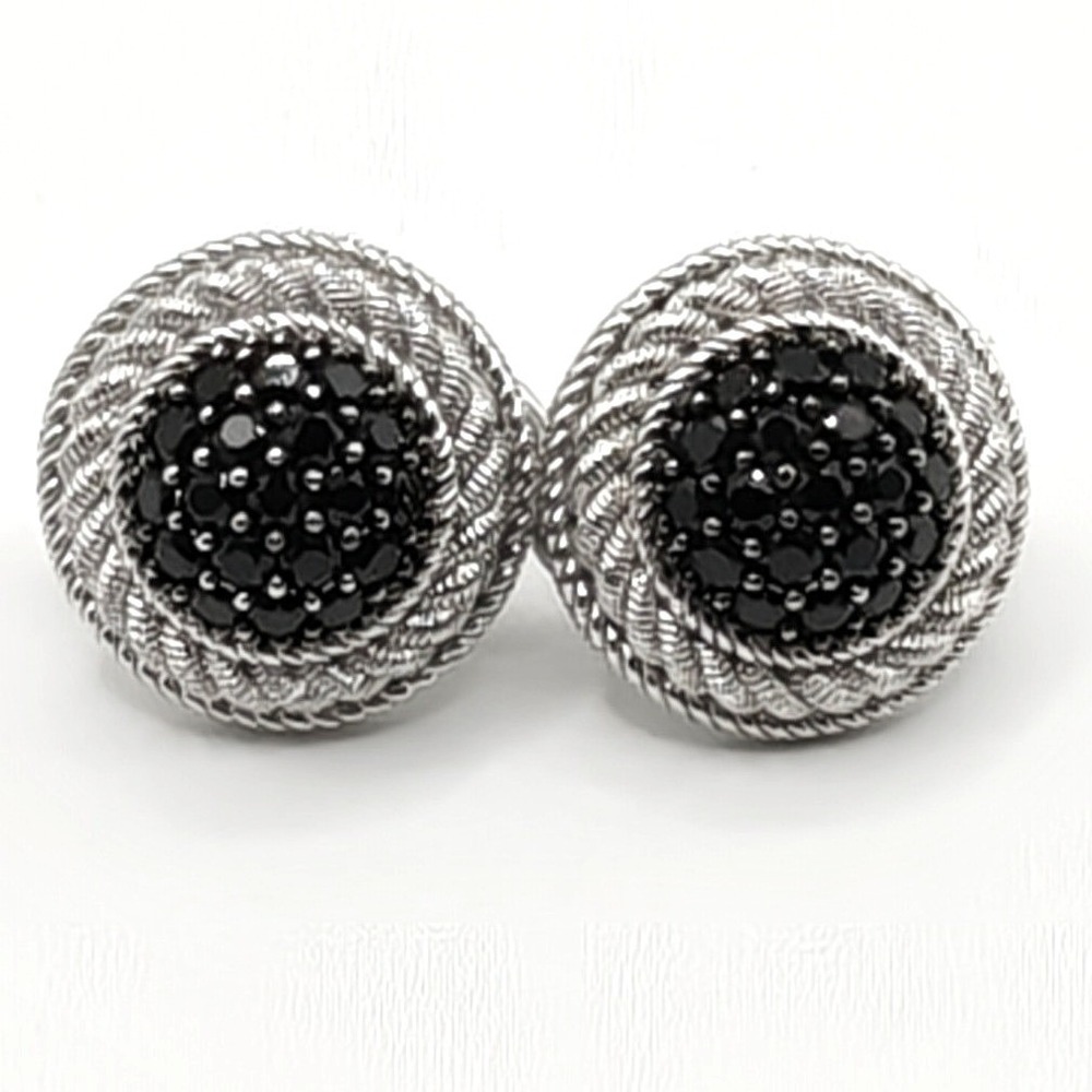 Judith Ripka Sterling Silver Black Spinel Pave Rope Border Omega Stud Earrings